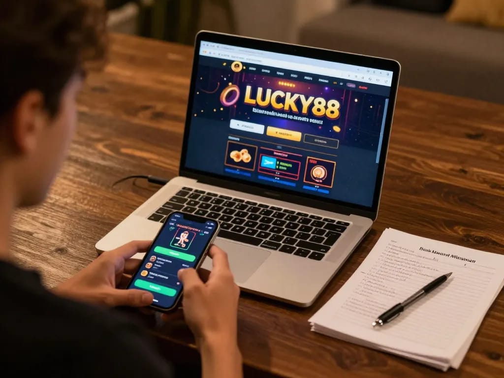 LUCKY88 online casino gaming on a laptop with smartphone and strategic notes.
