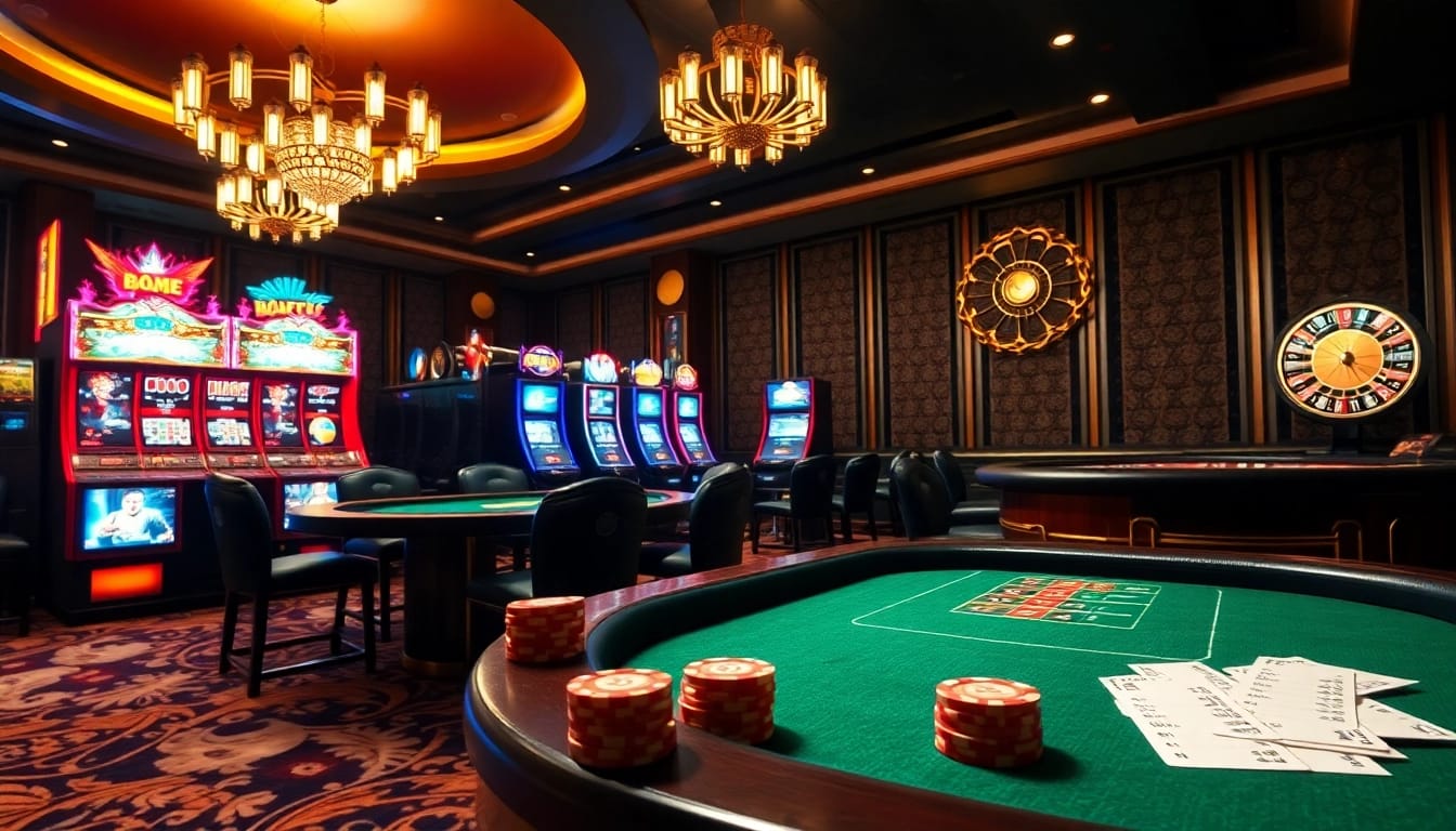 Experience the thrill of Game bài đổi thưởng at a luxurious casino showcasing poker tables and slot machines.