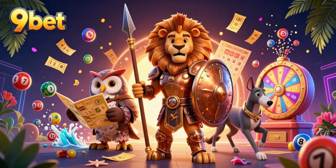 9bet showcases a dynamic scene with a Spartan lion, tactical owl, and swift greyhound, amidst vibrant lottery elements.