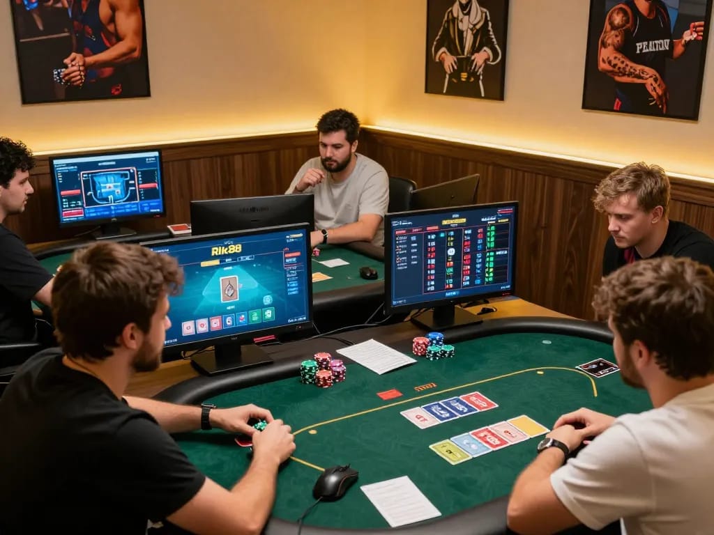Engaged players using App Rik88 for poker strategy during a competitive online session.