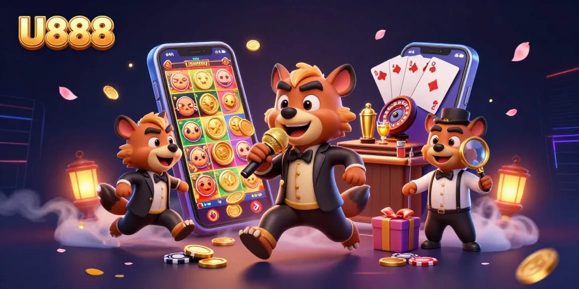 U888 showcases a vibrant comedy casino scene with hyenas depicting fun gambling activities through humor and entertainment.