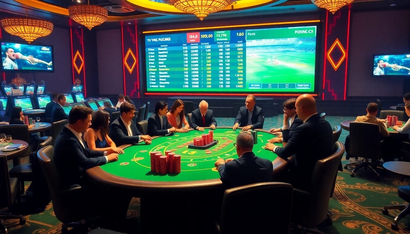 Real-time tỷ số trực tuyến bóng đá displayed at a lively casino poker table.