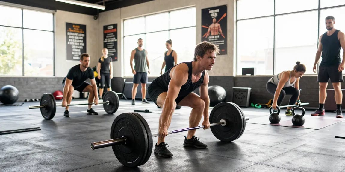 Actieve sportsessie in de Unique Pharma Shop met een persoon die deadlifts uitvoert in een levendige sportschool.