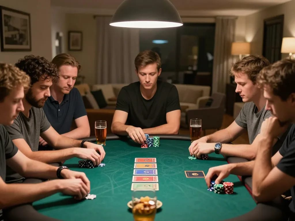 Engaged players strategizing at home poker game, emphasizing RR99 link excitement of competition.