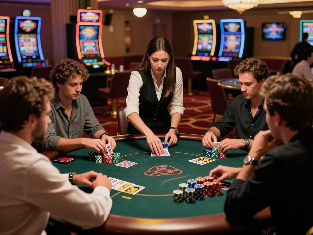Players enjoying intense TT88 poker game at finely decorated casino table with vibrant chips.