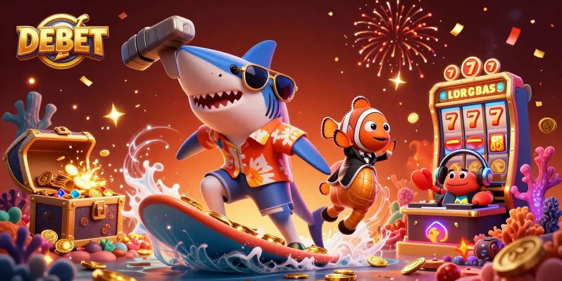 Surfing the wave of gold coins, DEBET showcases a vibrant casino-themed carnival.