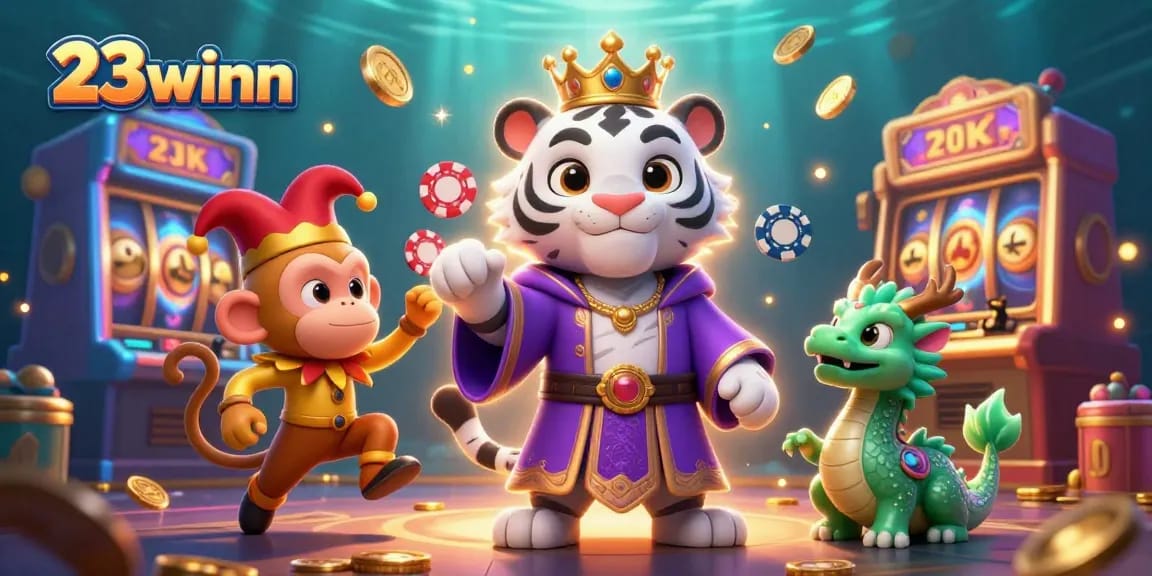 Experience the thrill at 23winn as a majestic white tiger and playful monkey revel among vibrant casino elements.