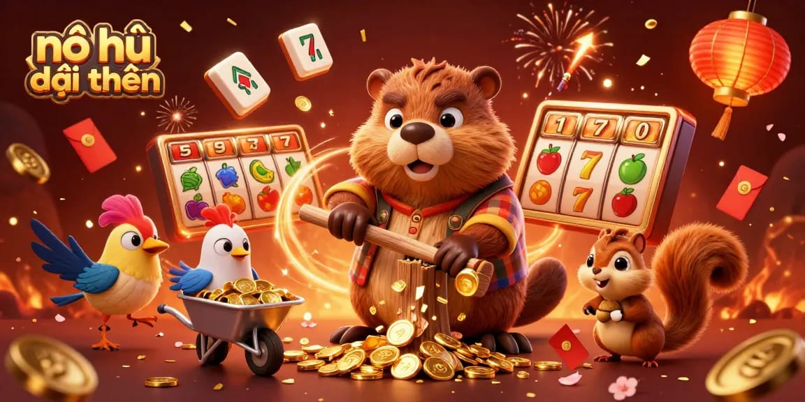 Spin the reels with nổ hũ đổi thưởng in this vibrant 3D scene filled with coins and festive elements.