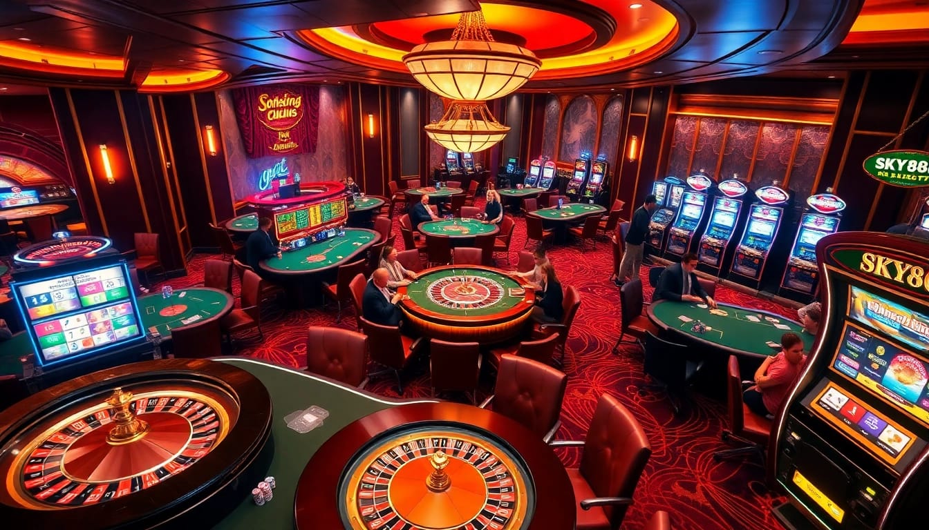 Players enjoying exciting games at SKY88 Casino with vibrant tables and thrilling slot machines.