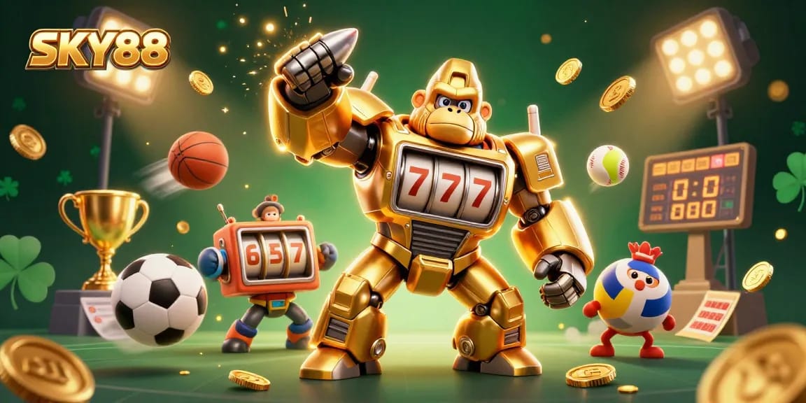 Join the action with SKY88, featuring a golden gambling mech amidst flying sports balls and casino elements.