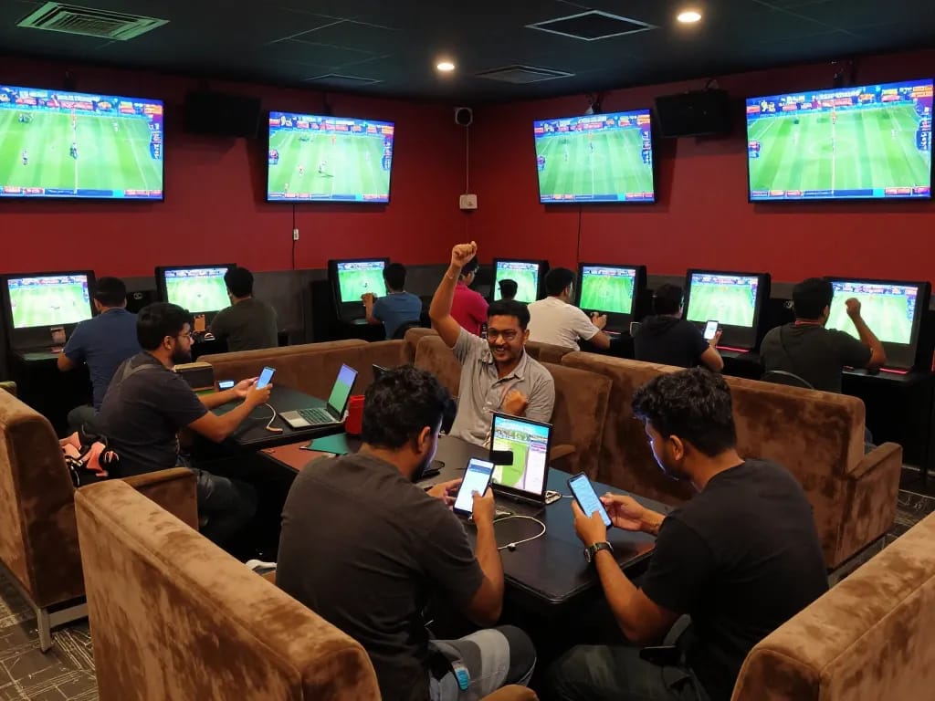 Jeetbuzz users engage with live sports betting on mobile devices in a vibrant lounge atmosphere