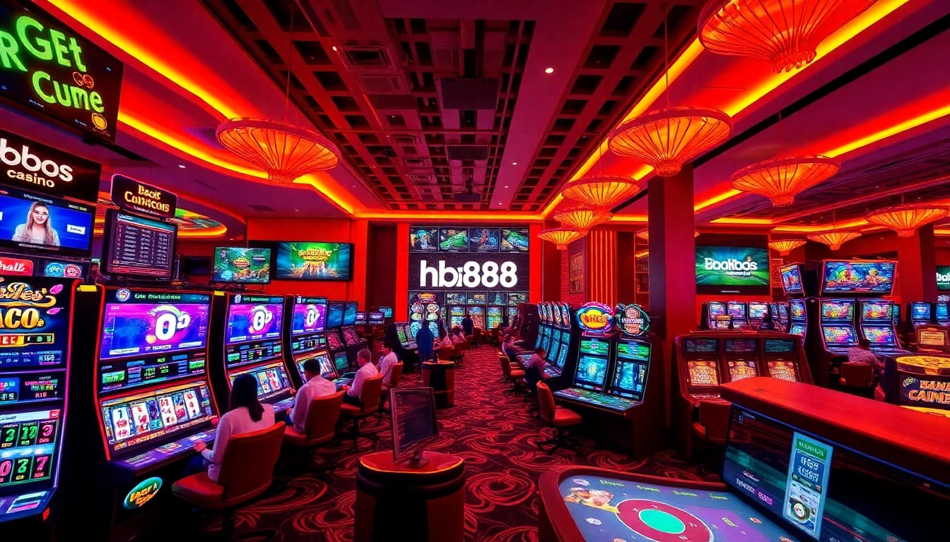 Exciting casino atmosphere featuring hb88 digital gaming, diverse players, and vibrant lighting.