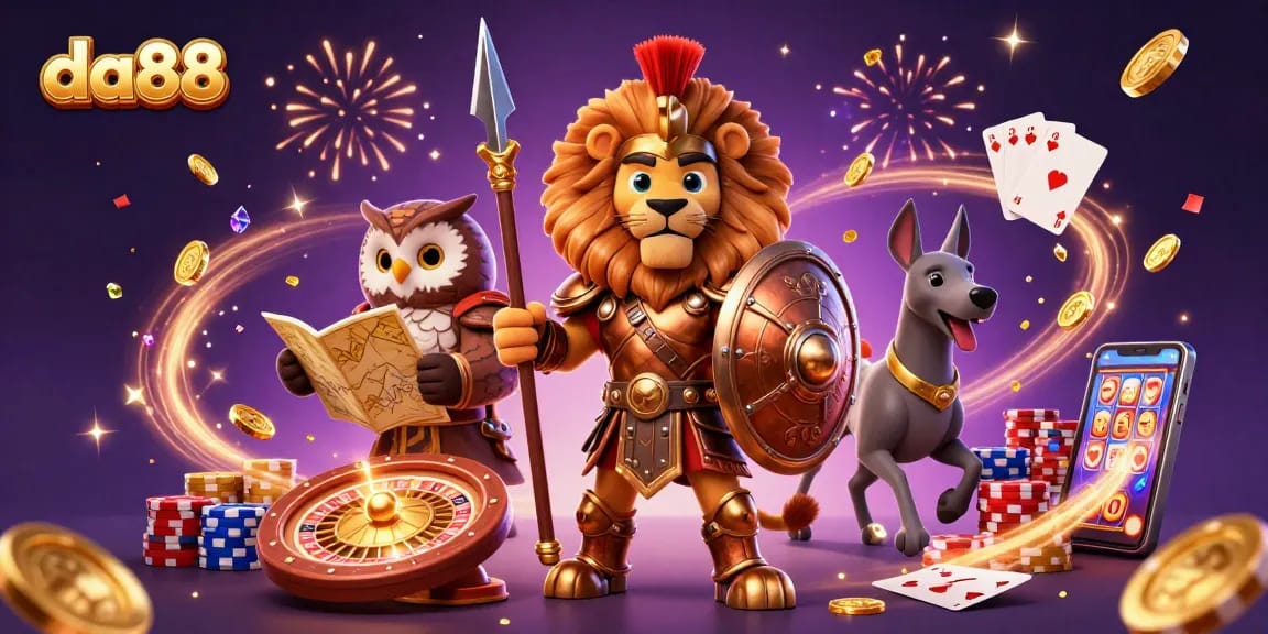 Experience thrills with da88 as a heroic lion, tactical owl, and swift greyhound engage in dynamic gambling action.