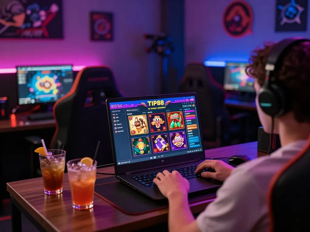 Engaging in online gaming at TIP88 with a laptop, showcasing a diverse game selection in a cozy environment.