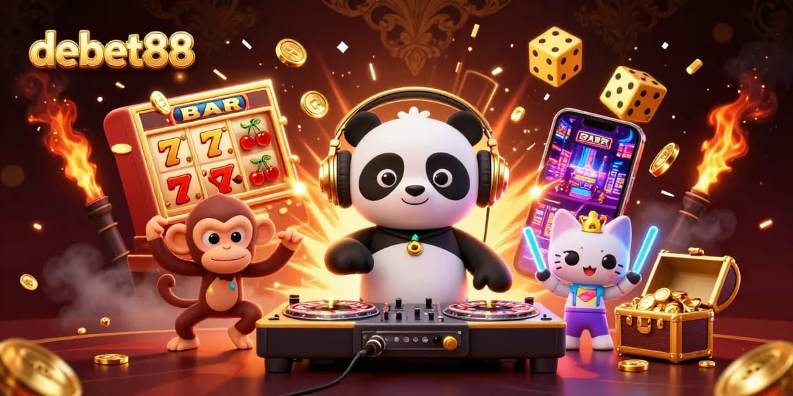 Experience excitement at debet88 with a vibrant casino scene featuring animated characters and jackpots.