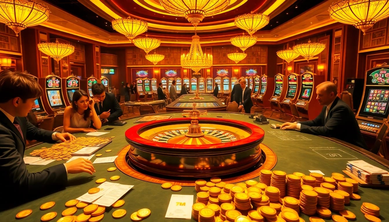 Experience the thrill of high-stakes gambling in a casino with 7M poker tables and roulette wheels.