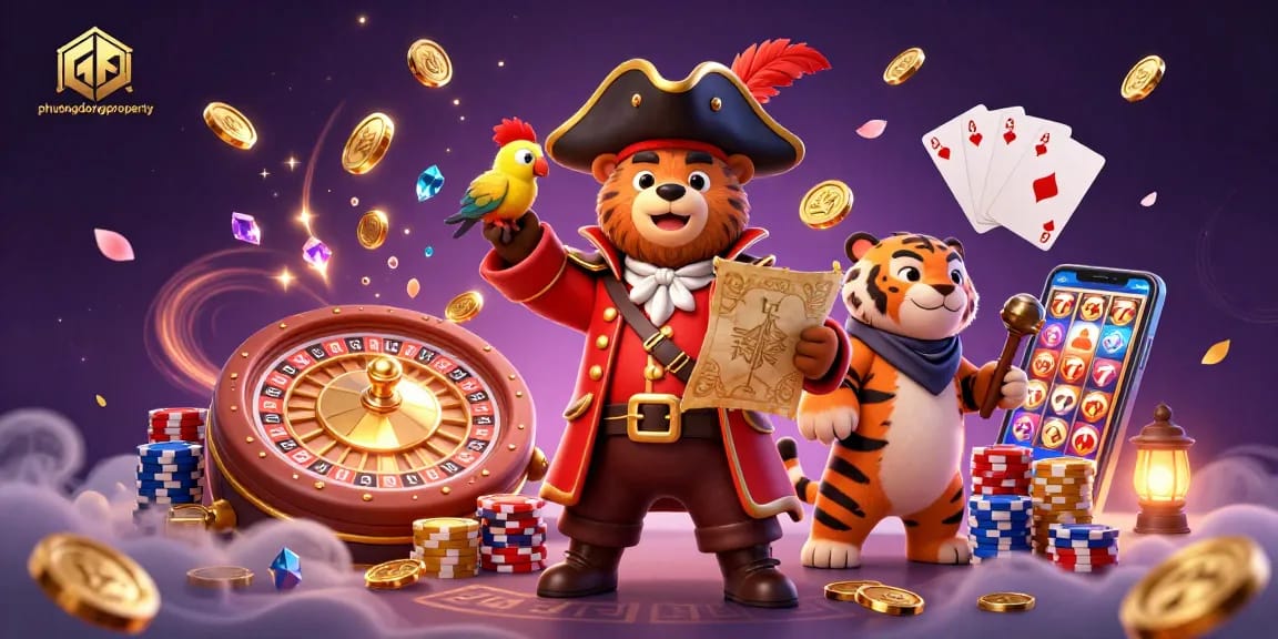 Experience the excitement of phuongdongproperty with 3D characters and casino elements in this vibrant illustration.