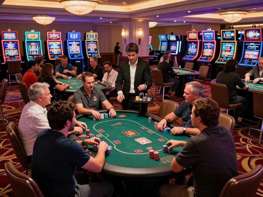 o8 players enjoying an exciting poker game with chips and dealer interaction