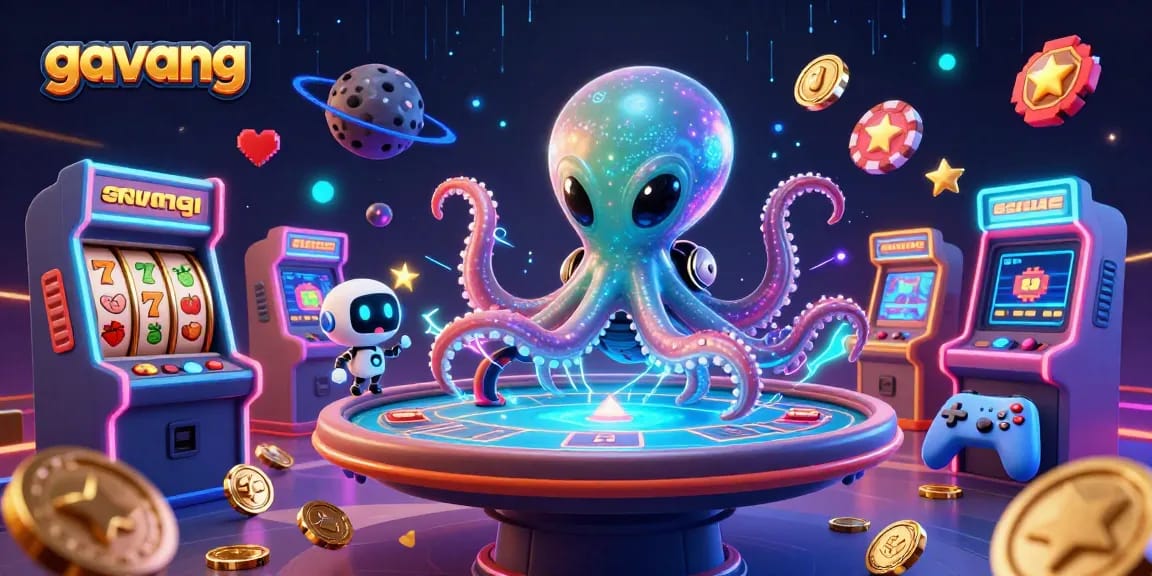 Engage in thrilling slots gameplay with Gavang's alien octopus at a holographic poker table.
