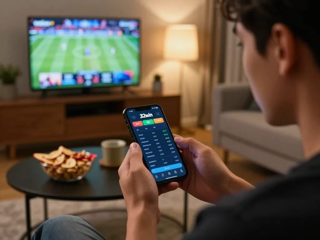 Sports betting enthusiast analyzing odds on the 32win app in a cozy home setting.