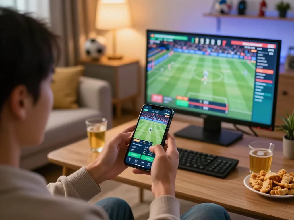 Experience high-stakes betting with va88 as a person engages with their smartphone for live sports betting.