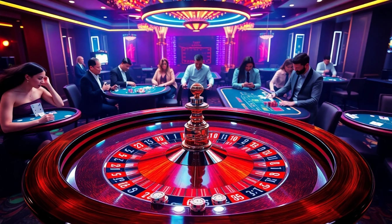 SKY88 roulette table surrounded by excited players in a luxurious casino scene