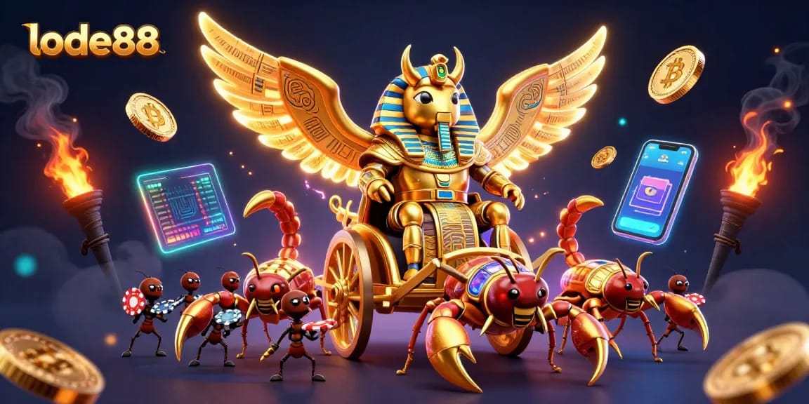 Lode88 brings thrilling excitement with a colossal golden scarab beetle and glowing crypto coins.