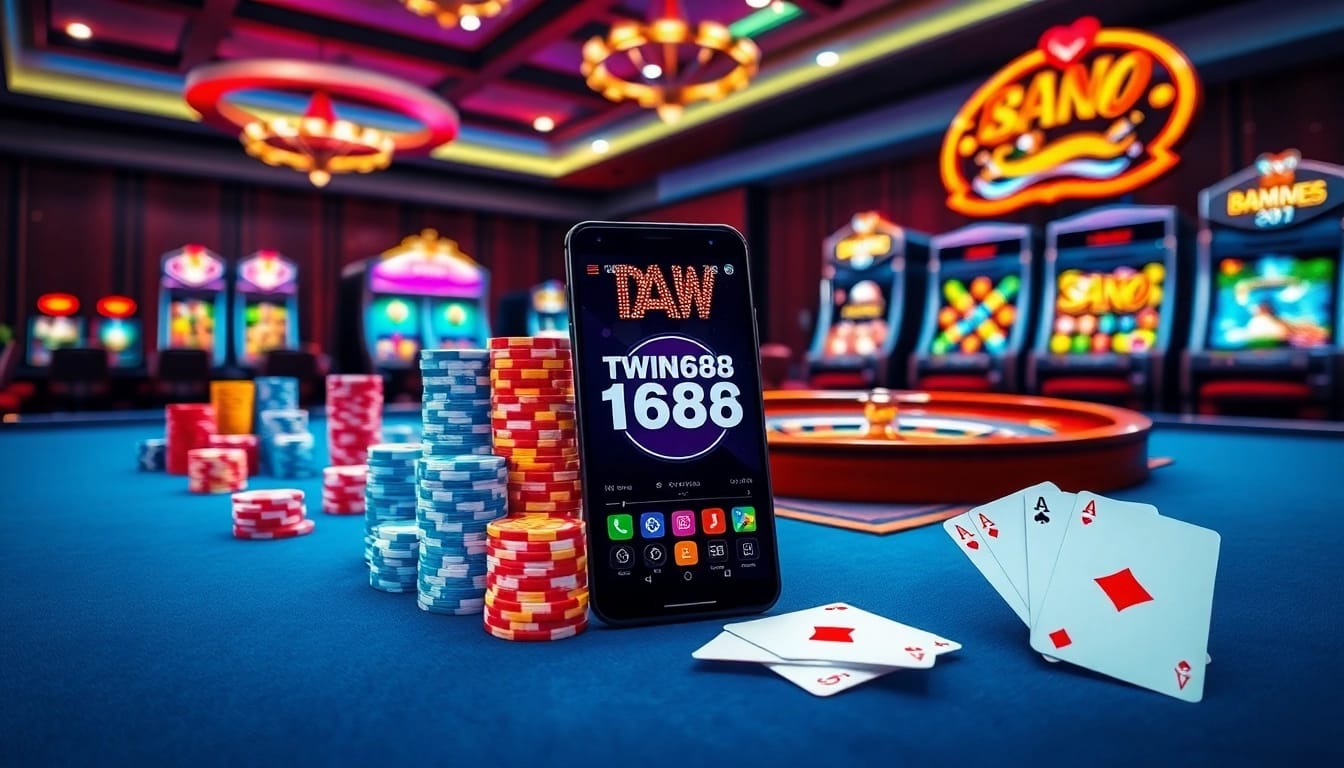 Experience casino excitement with twin68 apk in a vibrant gaming scene filled with tables, chips, and slots.