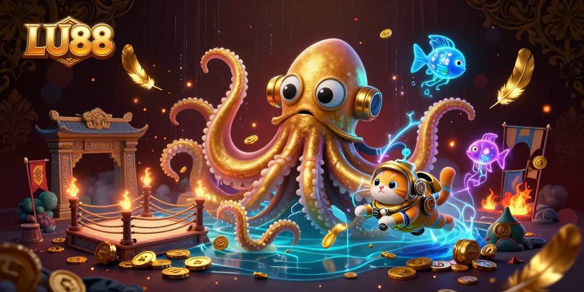Engage with LU88 in a vibrant, dynamic casino scene featuring treasures, kraken, and diving elements.