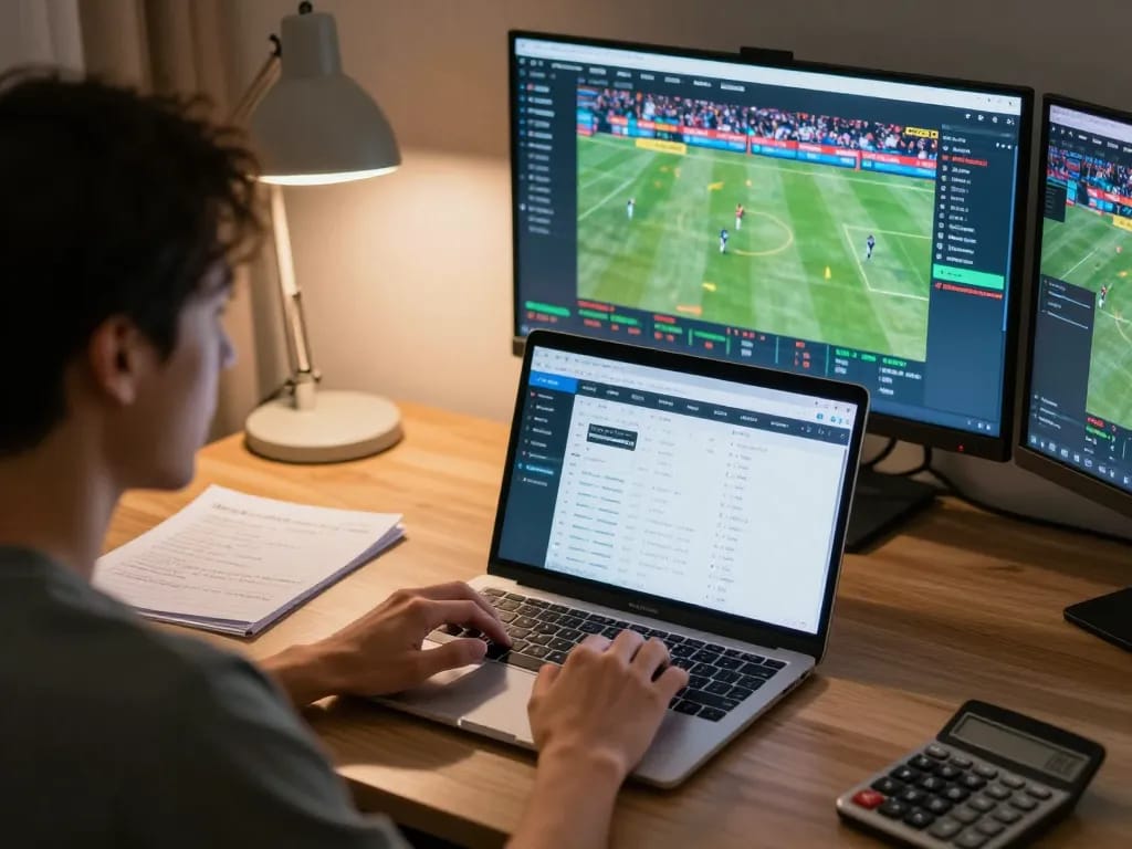 Engaging in sports betting strategies on five88cd with laptop and notes