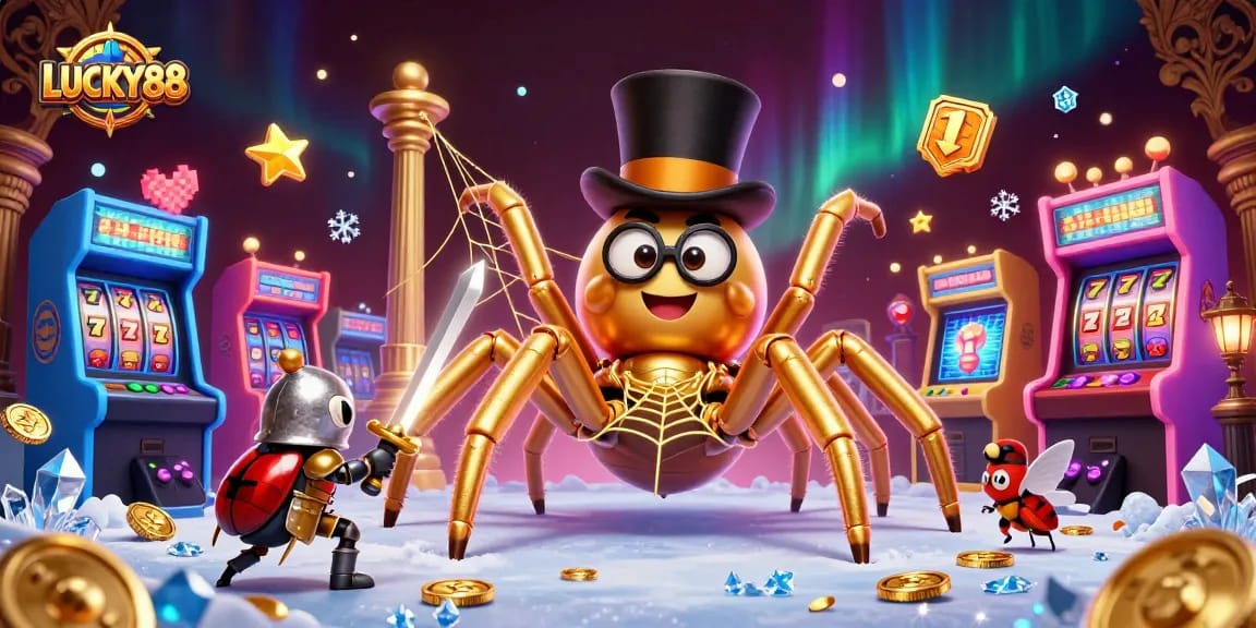 Experience high stakes and fun with LUCKY88 slot features and imaginative characters in a casino scene.