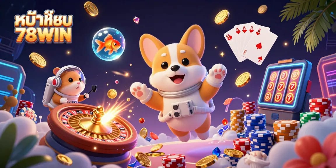 Engaging scene of หน้าแรก 78WIN showcasing casino excitement with floating characters and dynamic gaming elements.