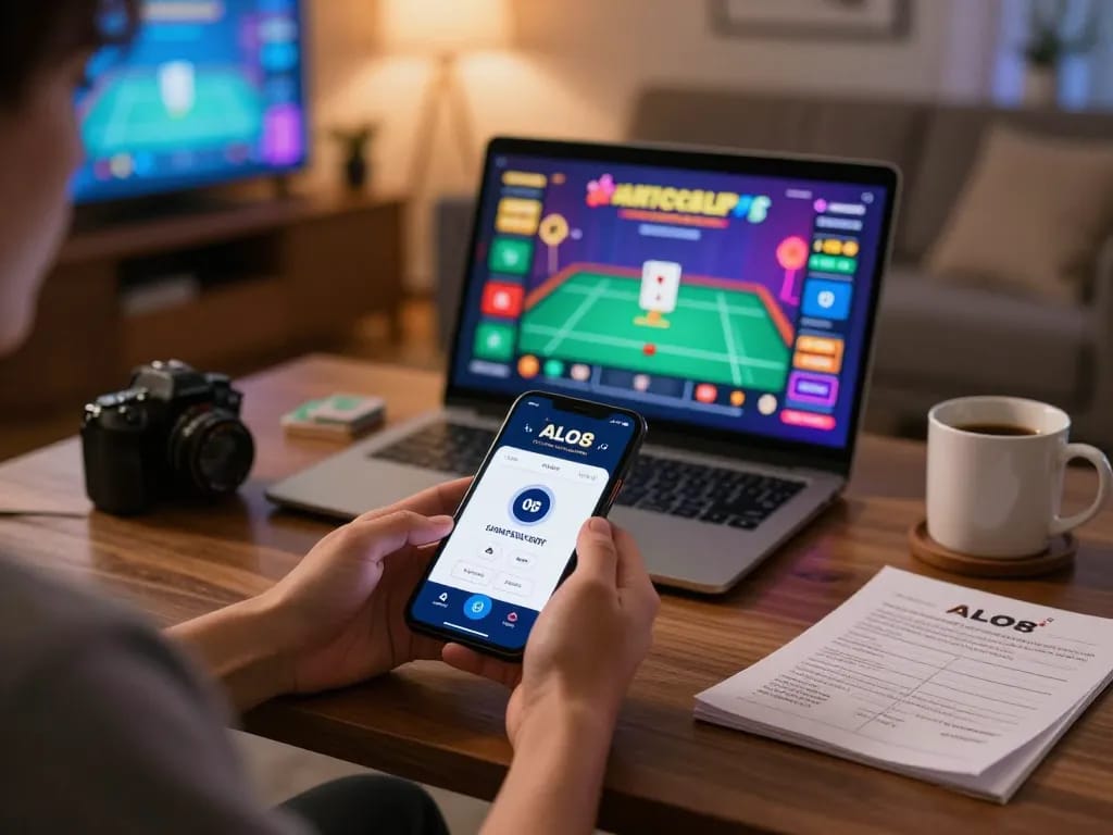 Engaging mobile gaming experience with the ALO8 center app showcasing poker gameplay at home.
