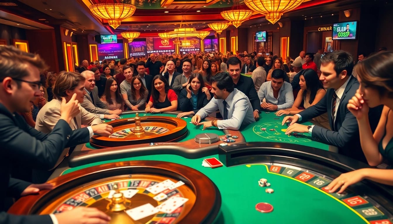 Gambling enthusiasts engaging at casino tables with Vaoluoitv atmosphere of excitement and luxury.