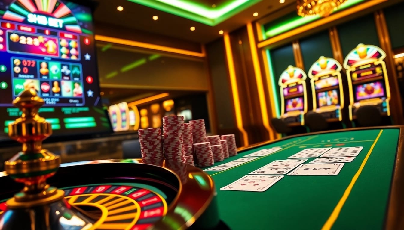 Experience the excitement of SHBET COM with vibrant slot machines and poker chips at a digital casino.