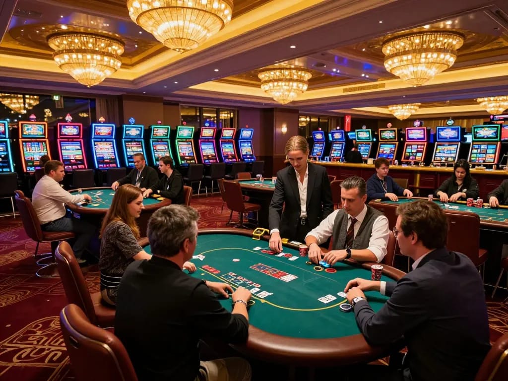 Players engaging in strategic gameplay at a vibrant casino, showcasing fc88k betting excitement.