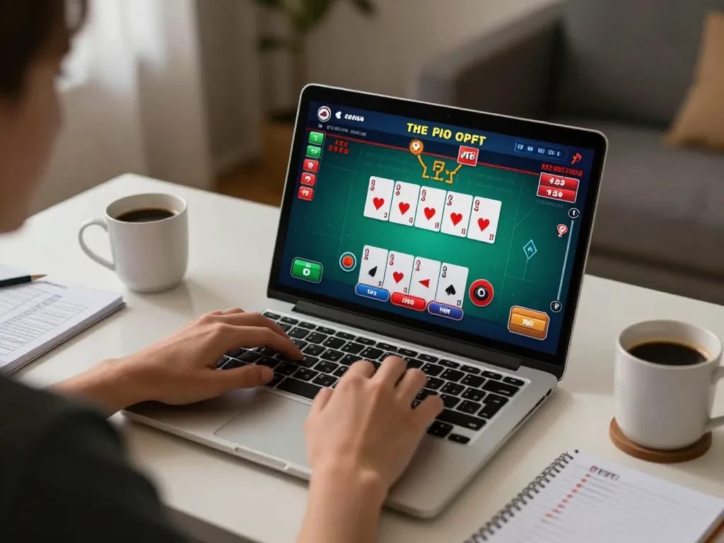 Engaging poker gameplay on laptop with qrcodegenerator1 displaying betting strategies for successful gaming.