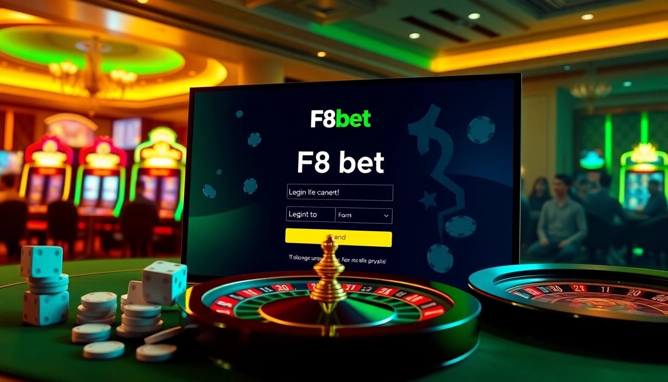 Log in to F8bet for an exciting online gambling experience with poker chips and roulette.