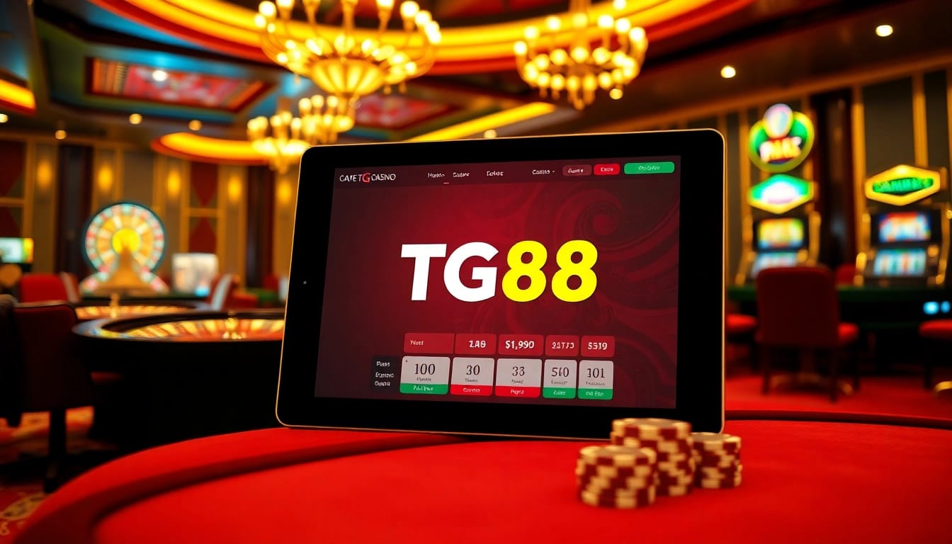 Exciting TG88 online casino scene with poker table and gaming equipment.
