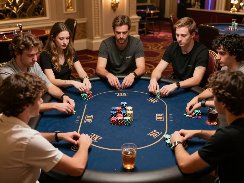SIN88 poker players fiercely competing in a luxurious game setting, showcasing tactical strategy and high stakes.