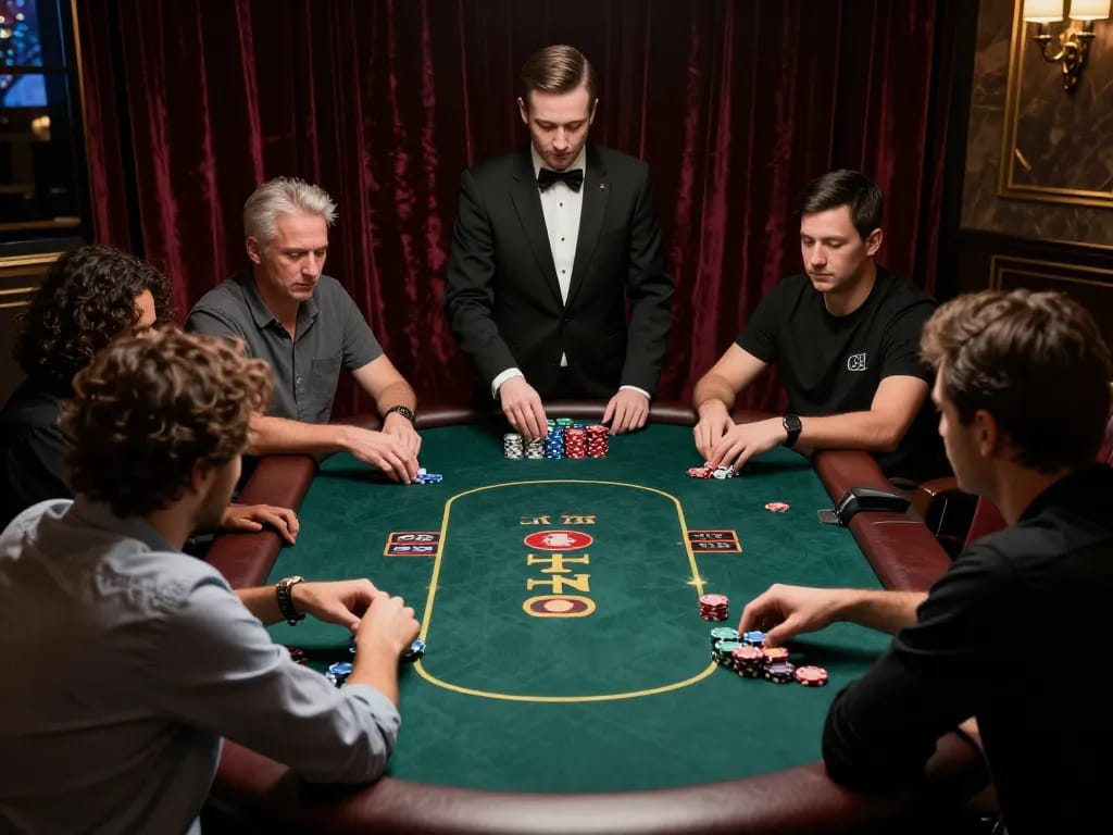 A thrilling poker game scene at p789bet casino with players strategizing around a table.
