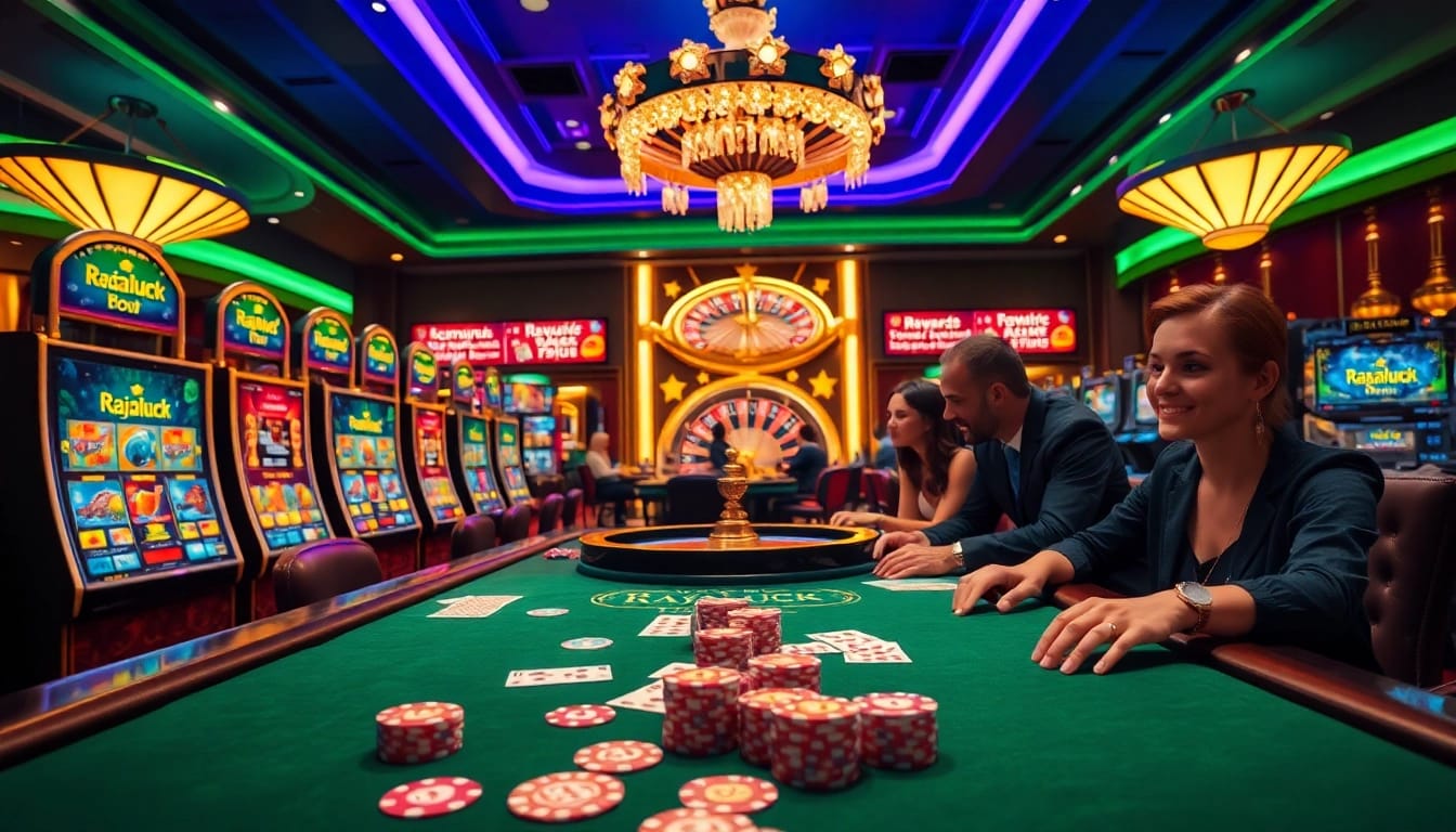 Excited players engaging in dynamic casino games at Rajaluck, showcasing vibrant slot machines and poker tables.