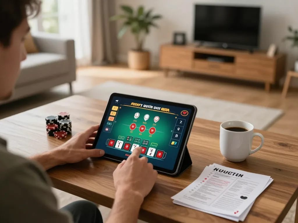 Engaging scene of online gaming with https://sv368com.biz/ displayed on a tablet during a cozy home gambling session