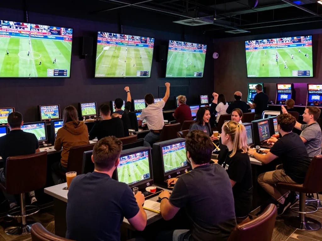 Fans placing bets at kèo nhà cái sports betting lounge filled with live game displays.