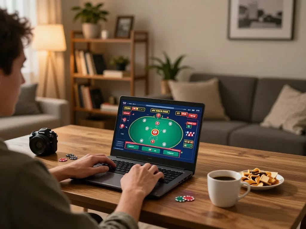 Engaging with the trang chủ MM88 online gaming platform on a stylish laptop setup for responsible entertainment.