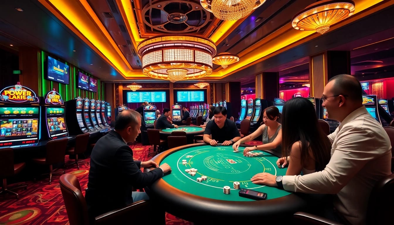 Players enjoying a thrilling poker game at km88 casino, featuring modern gaming tables and vibrant atmospheres.