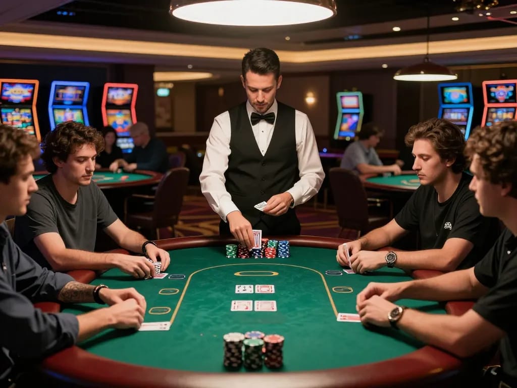 Players engaging in an exciting poker game at an upscale casino, showcasing Fm88 com, cards and chips in action.