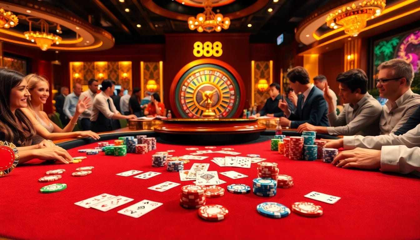 Experience high-stakes excitement at me 88's luxurious poker table with vibrant colors and energetic players.