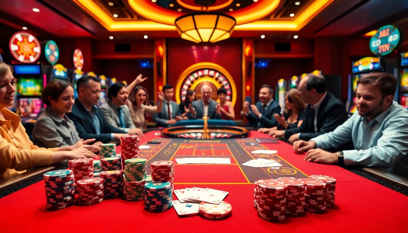 Excited players engaging with the okwin casino table, showcasing vibrant poker chips and cards.