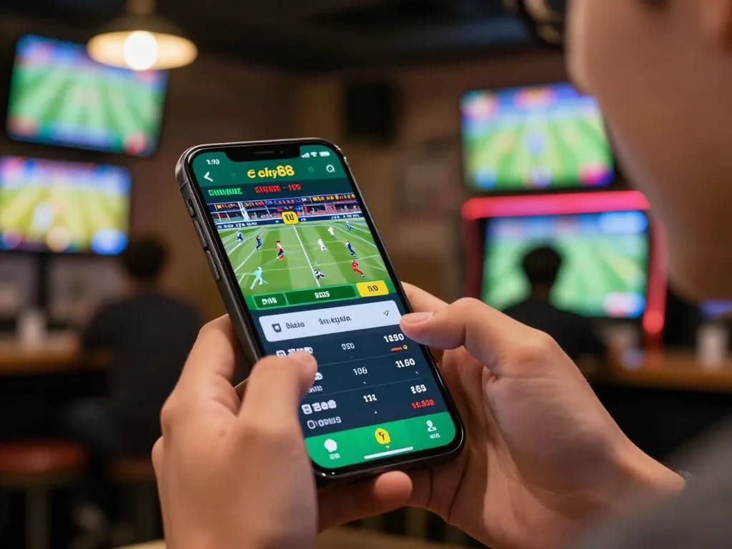 Cá cược Sky88 mobile gaming experience with a person excitedly using a betting app in a lively sports bar